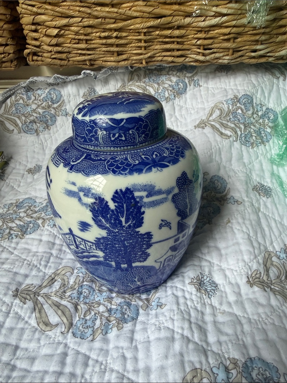 Vintage Blue and White Porcelain Ginger Jar